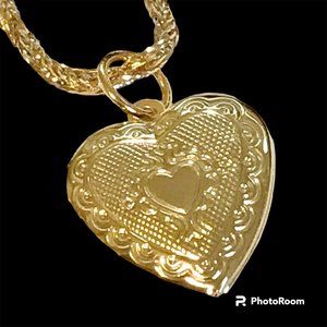 Vintage Victorian Heart Locket Necklace Gold Plated 24" Chain Photo Picture